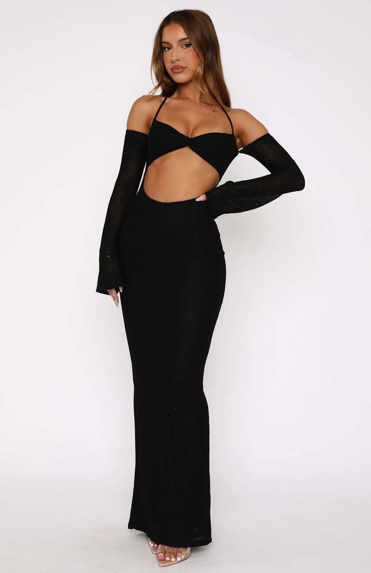 To The Beach Long Sleeve Maxi Dress Black Wrinklefree LayeredPanels
