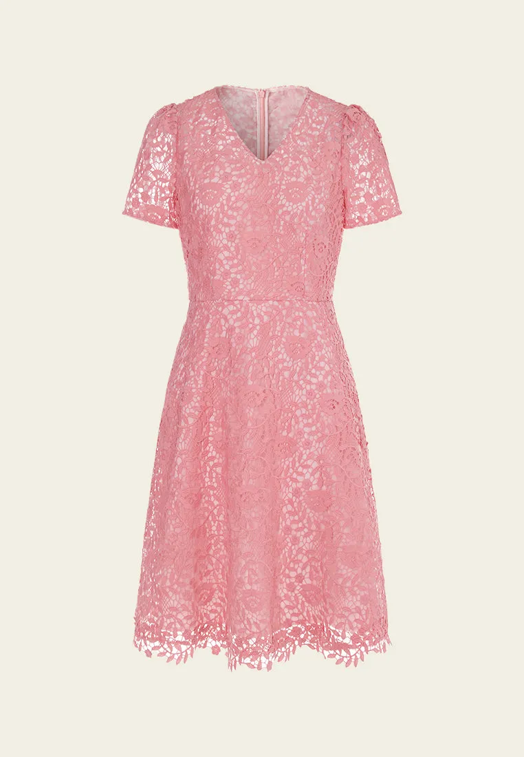 V-Neck Puff-sleeve Slim-cut Lace Dress Pure Fit Data Mode
