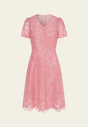 V-Neck Puff-sleeve Slim-cut Lace Dress Pure Fit Data Mode