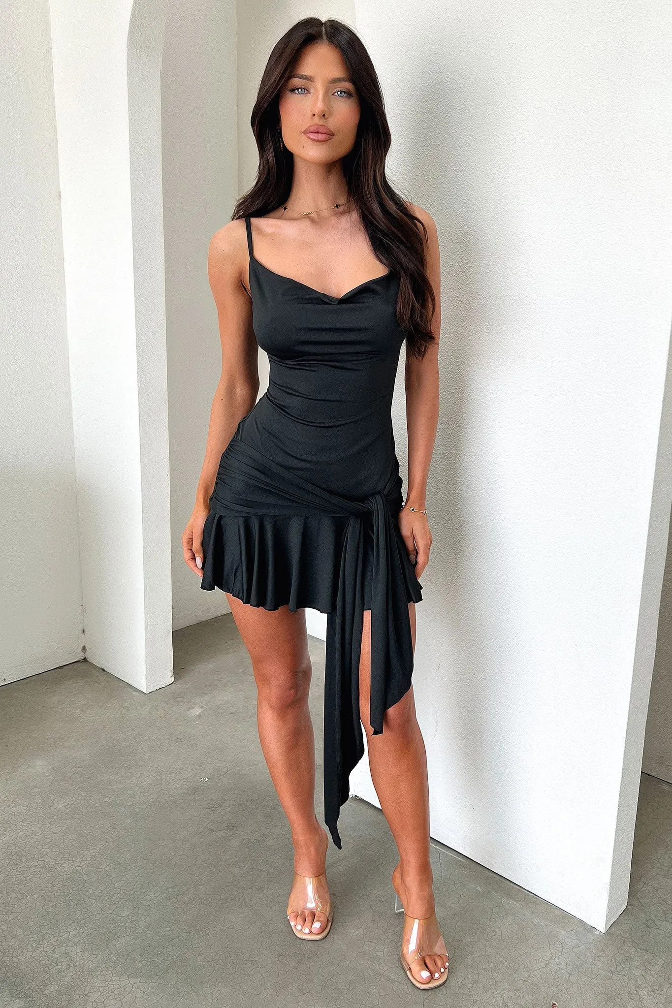 Angelina Cowl Neck Mini Dress - Black Stylish simple short dress Fresh Design