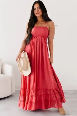 Assertive Aura Halter Smocked Maxi Dress (Coral Red) Amber Shine