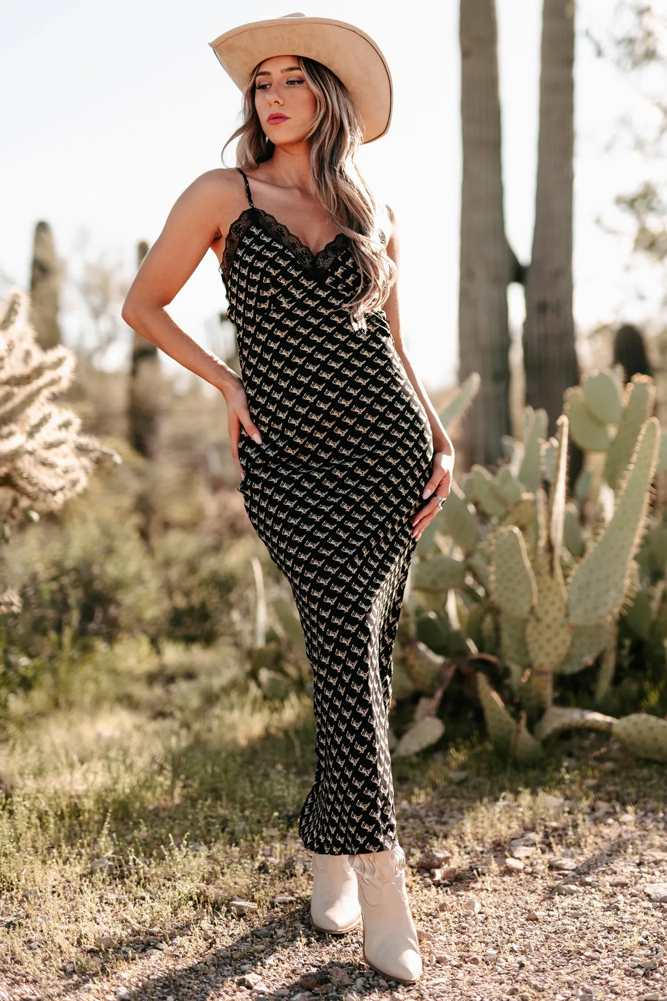 Cowl Neck Crystal View Darling I'm Different Western Printed Maxi Dress (Black)