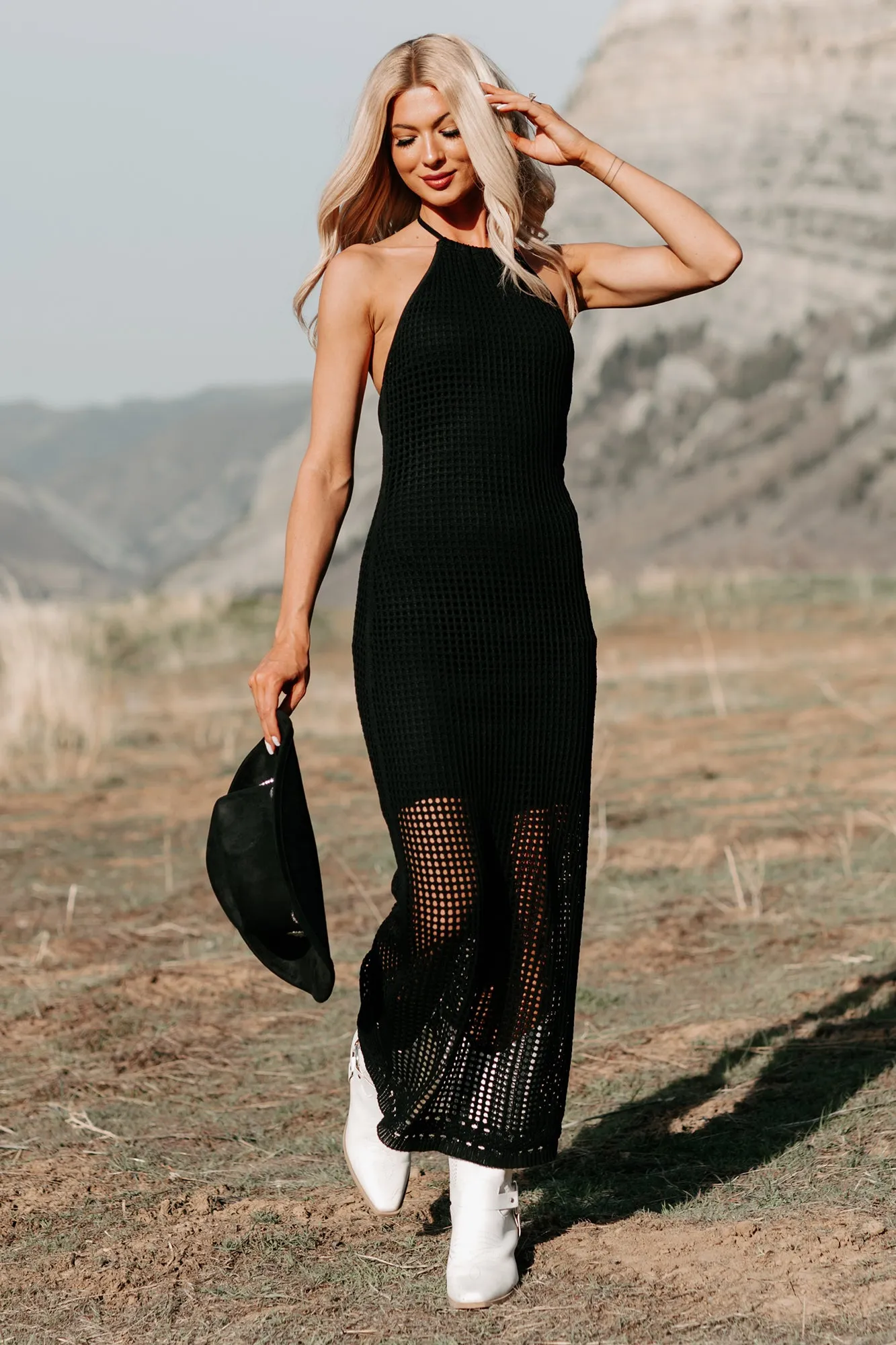 Seeking Peace Halter Crochet Midi Dress (Black) Flattering Silhouettes
