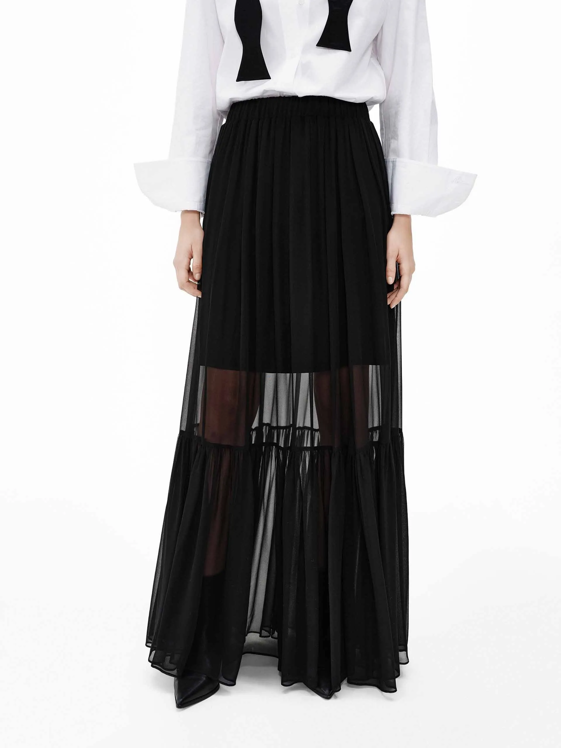 Silk Chiffon Maxi Skirt Subtle Shimmer urban scene