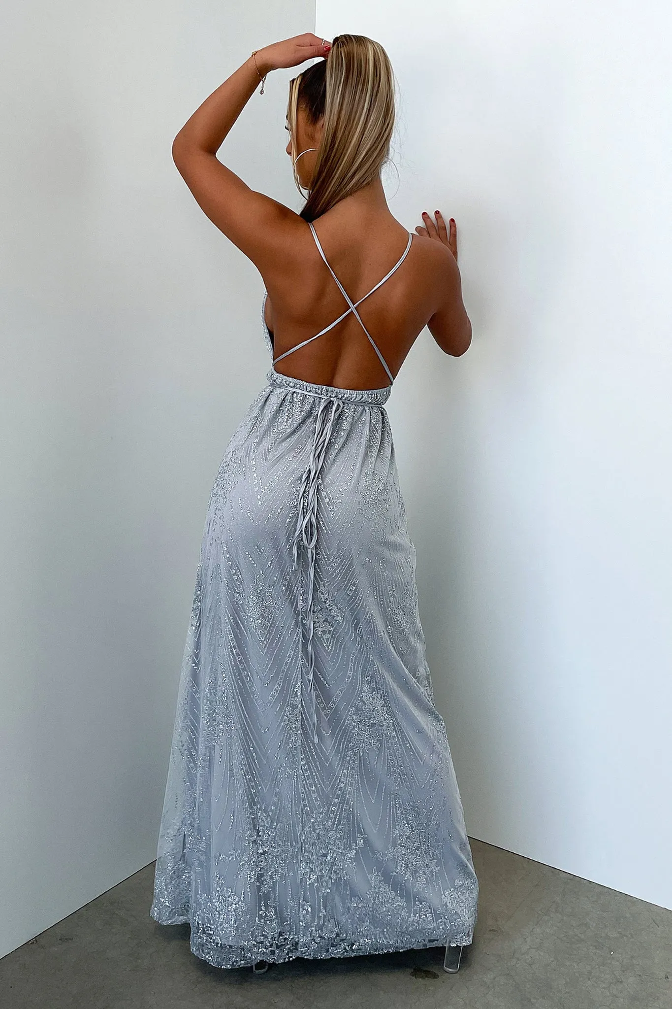 Scarlett Halter Maxi Dress - Silver Glitter The dress??s versatile design allows you to wear it for work, weekend outings, or evening events