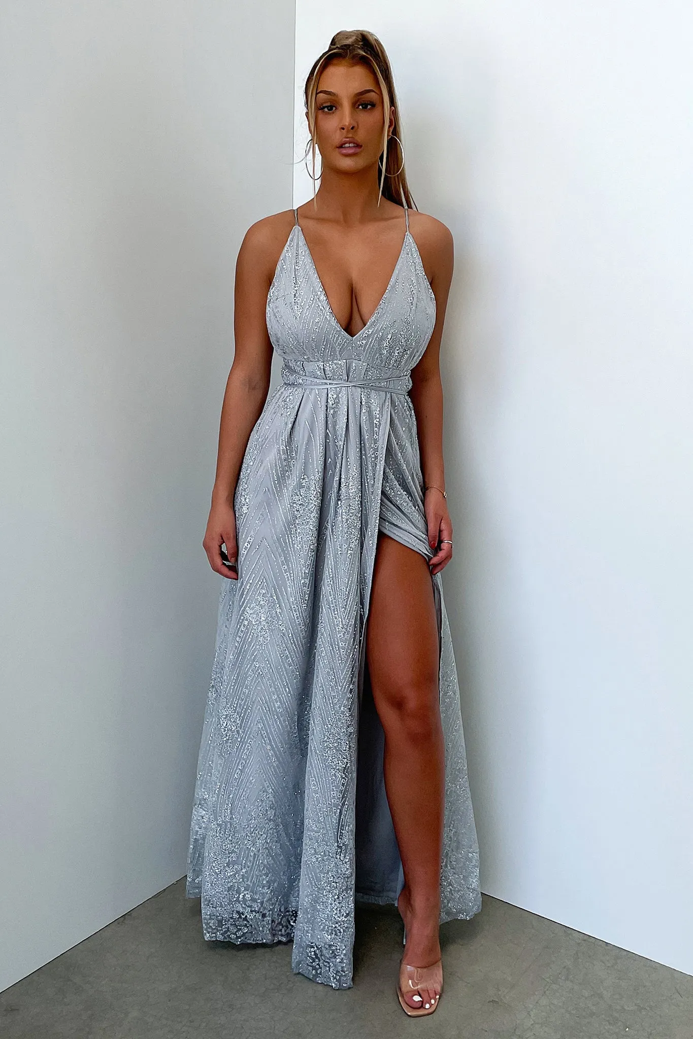 Scarlett Halter Maxi Dress - Silver Glitter Blue Hour Emerald Pop