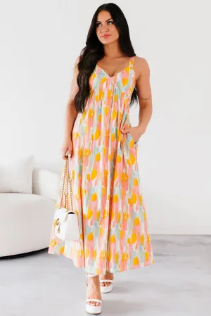 Earn Your Stripes Printed Maxi Dress (Pink/Multi) Classic sleeveless floor dress Hemp Glow