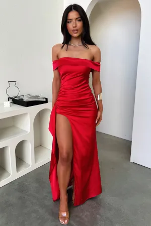 Marina Walk Park Date Saoirse Off Shoulder Satin Maxi Dress - Red