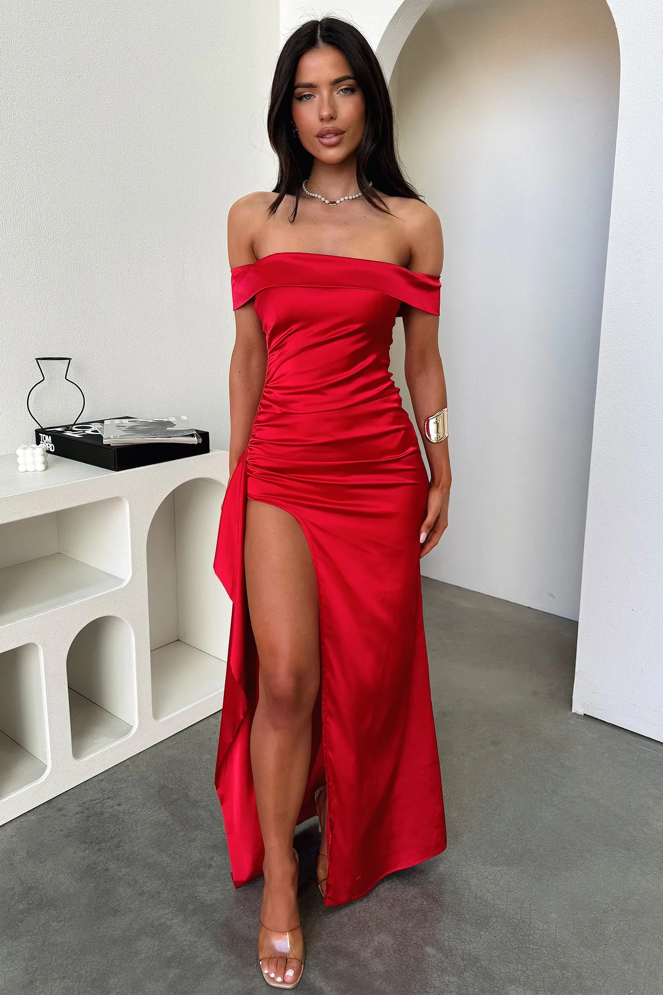 Marina Walk Park Date Saoirse Off Shoulder Satin Maxi Dress - Red