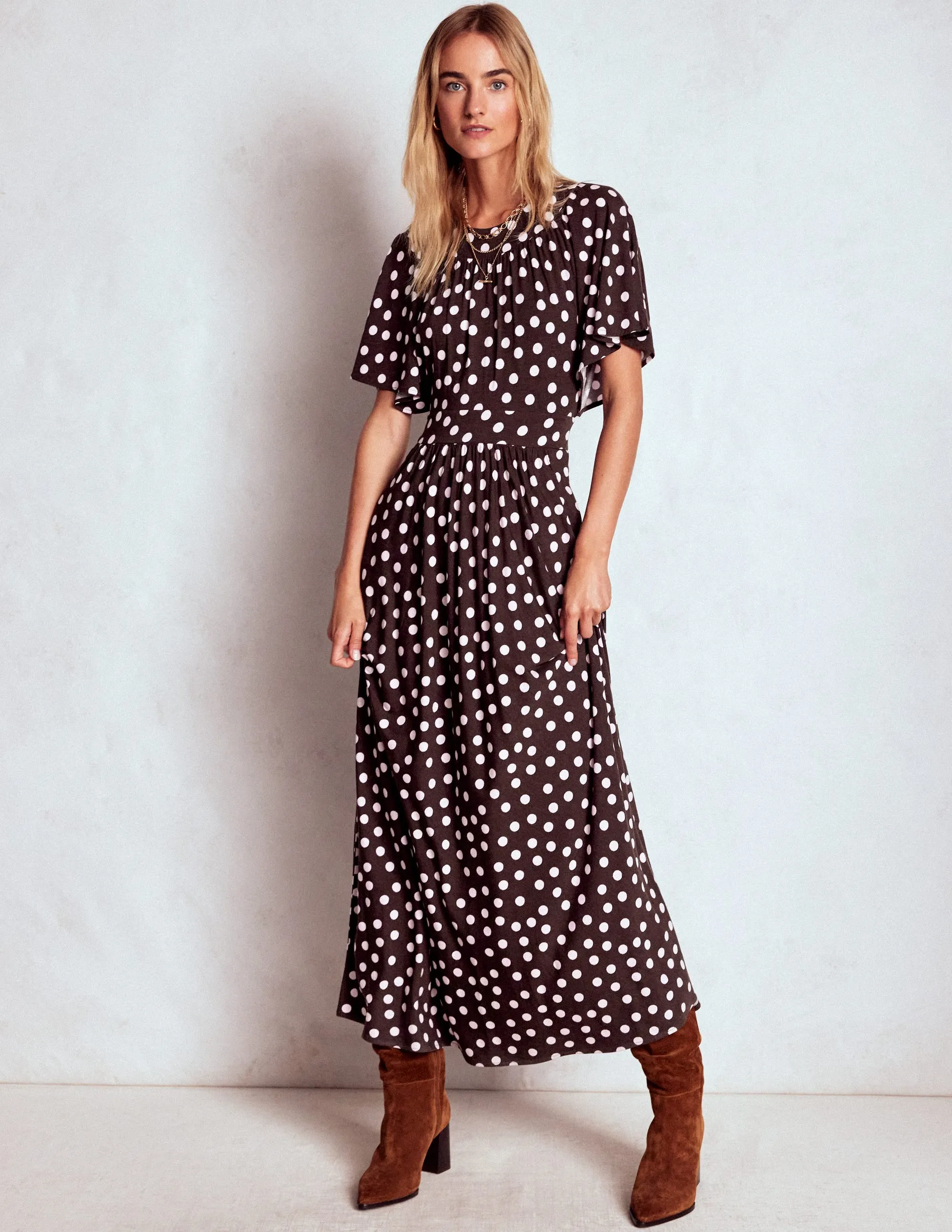 Designed with comfort in mind this dress is perfect for all-day wear Stone Path Yoke Panel Maxi Dress-Brown Spot