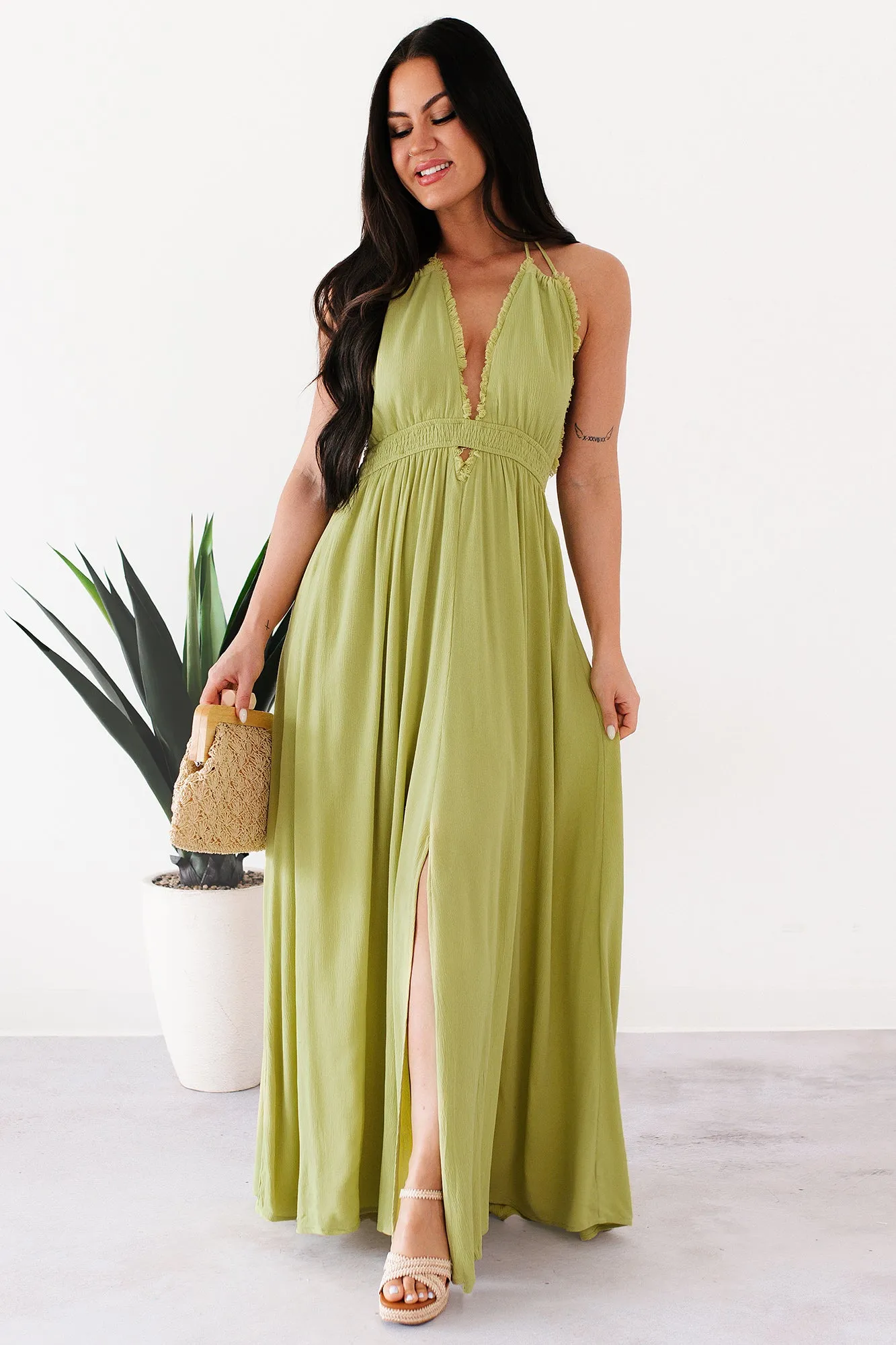 Chasing Glances Halter Maxi Dress (Matcha) Amber Shine Mesh Glow