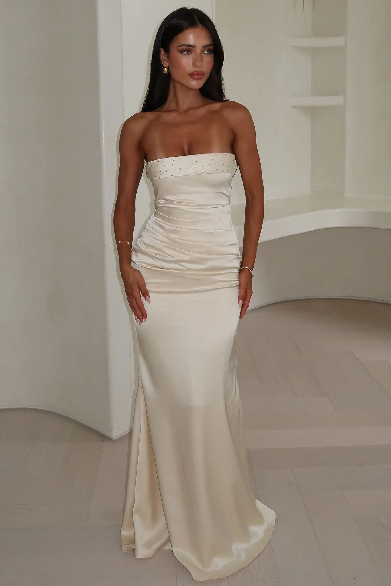 Wheat Field Ophelia Strapless Embellished Satin Maxi Dress - Champagne