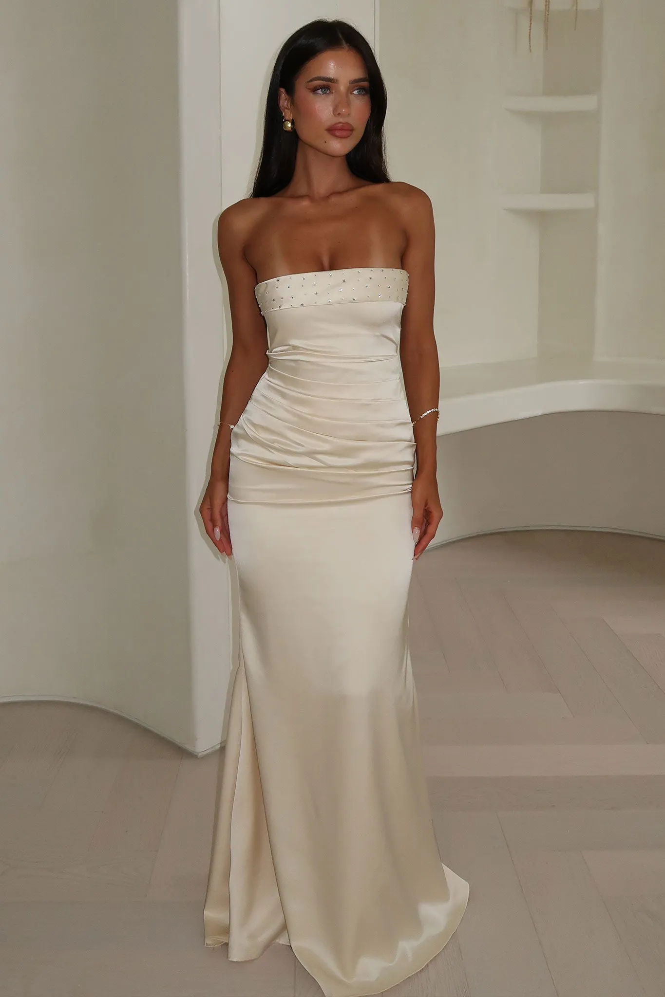 Elegant formal maxi Ophelia Strapless Embellished Satin Maxi Dress - Champagne