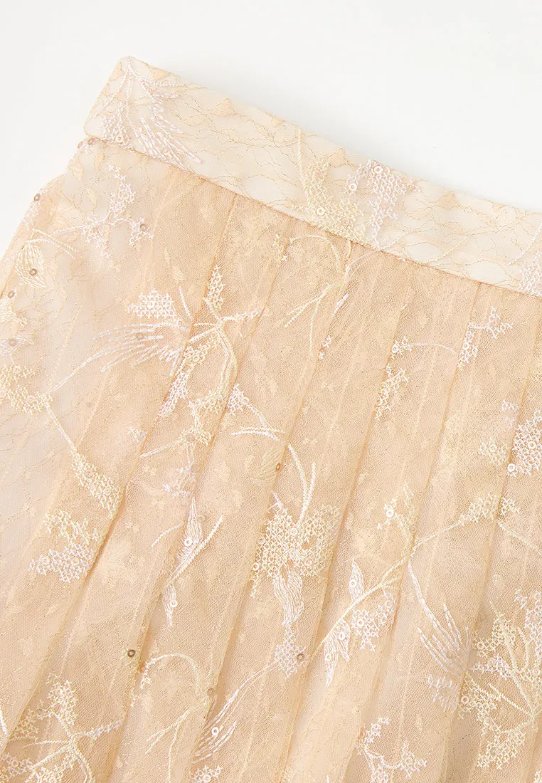 MultiPurposePockets Pleated Sequin-detail Cross-stitch Detail Mesh Maxi Skirt