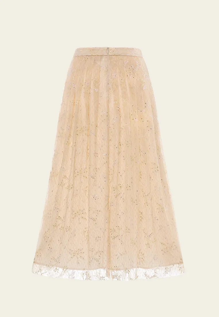 Pleated Sequin-detail Cross-stitch Detail Mesh Maxi Skirt Gloss Glow Bold Step
