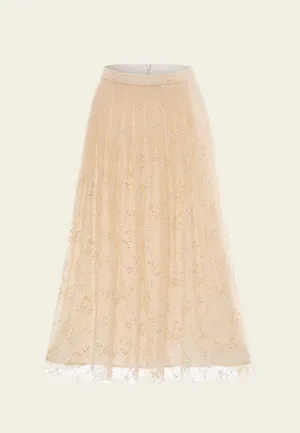 HighElasticity Fiber Pleated Sequin-detail Cross-stitch Detail Mesh Maxi Skirt