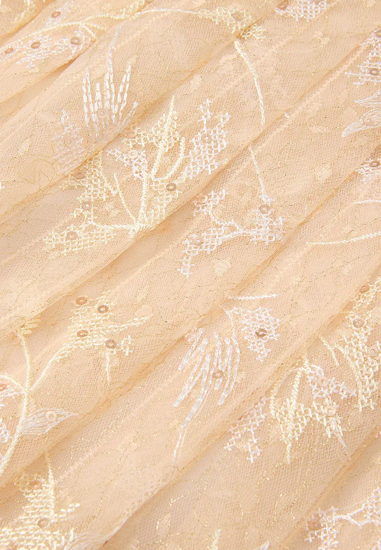 Pleated Sequin-detail Cross-stitch Detail Mesh Maxi Skirt StretchFree
