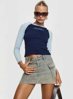 Zakai Cargo Denim Mini Skirt Antique Wash Sustainable Innovation Twist Front