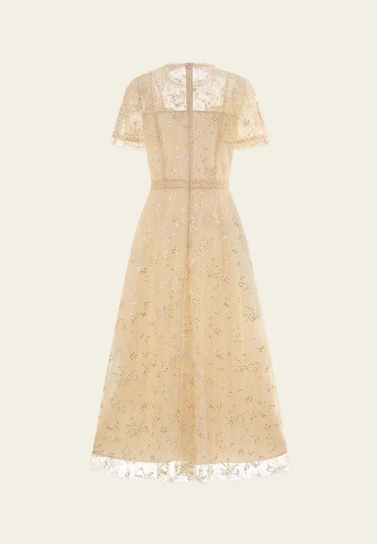 Panelled Lace-collar Embroidery and Sequin Detail Mesh Dress Tencel Blend Fabric Queen Glow