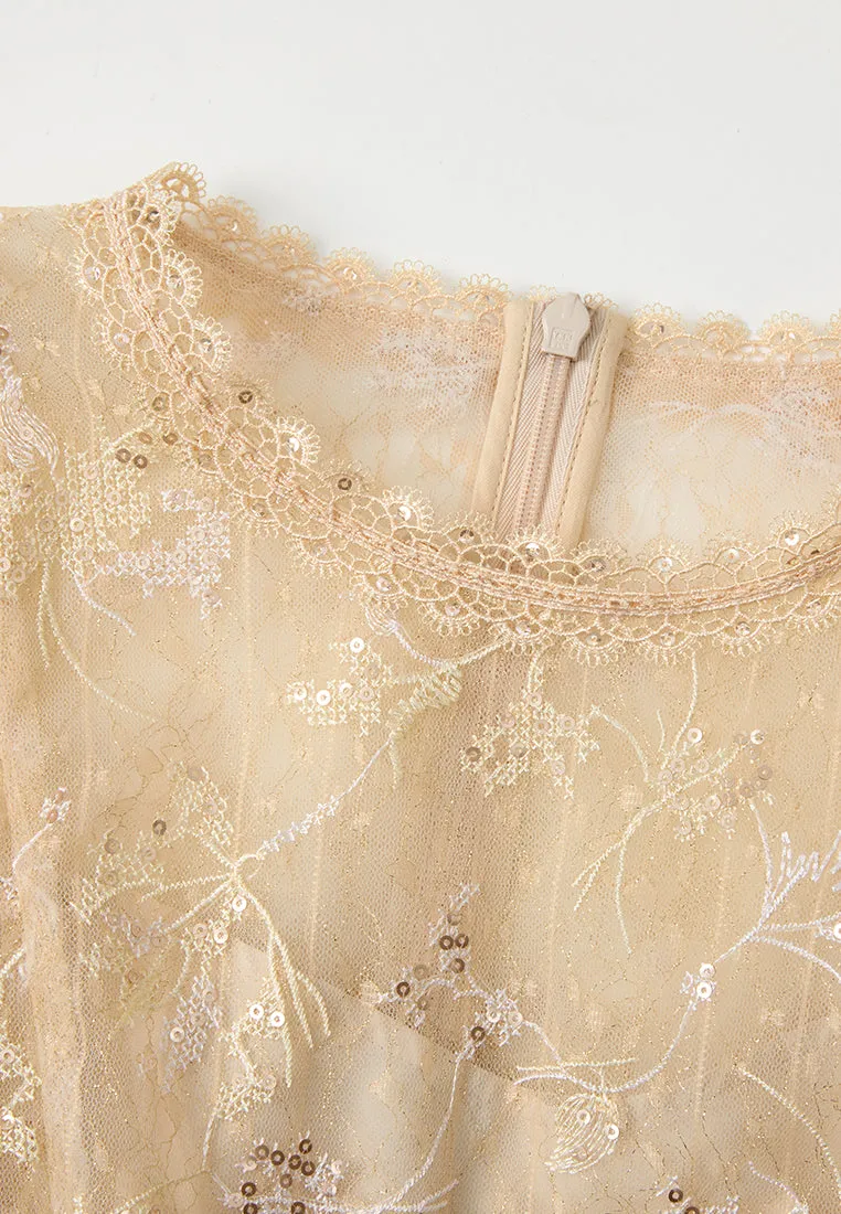 PillingResistant Kind Soul Panelled Lace-collar Embroidery and Sequin Detail Mesh Dress