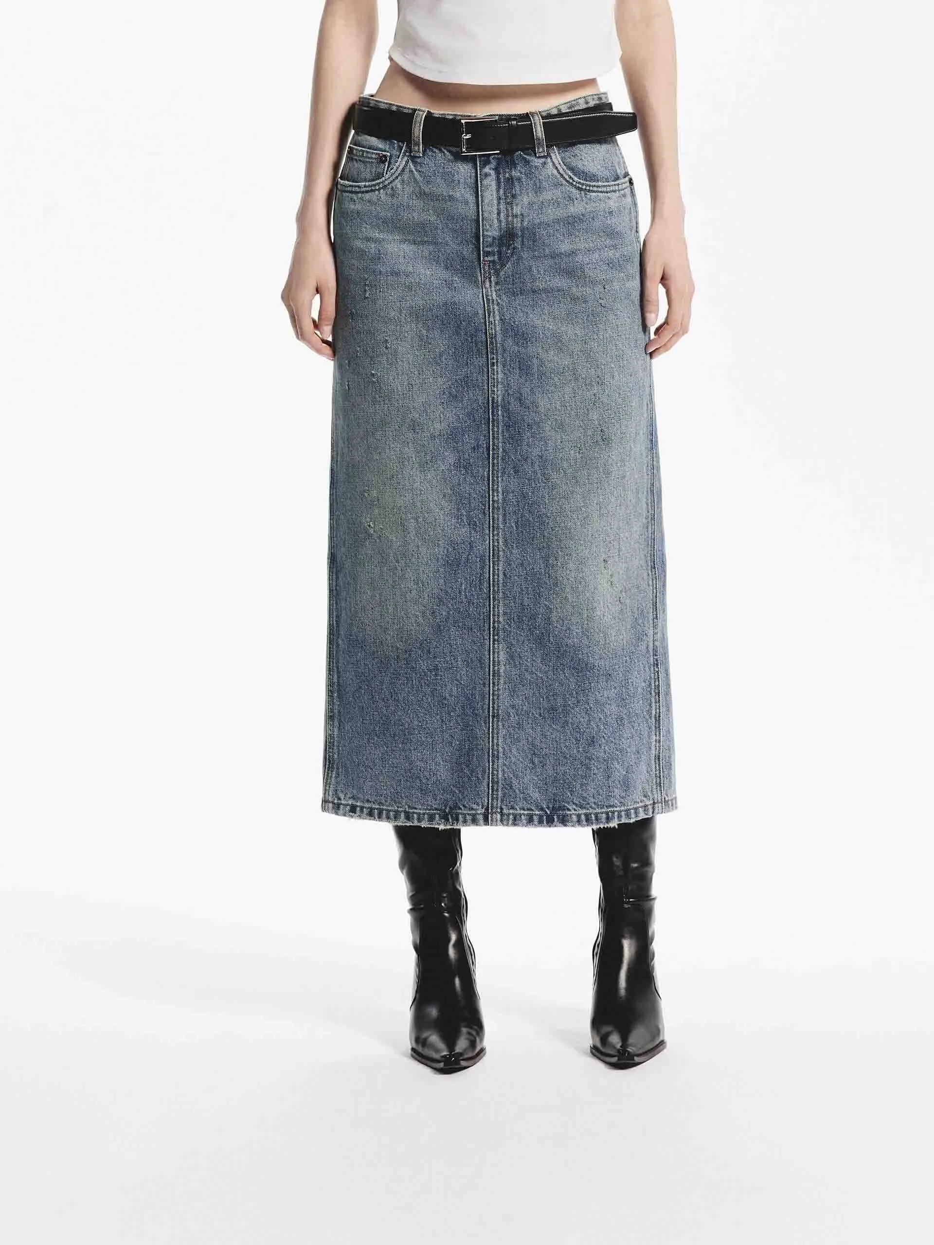 Midi Straight Denim Skirt Signature Detail