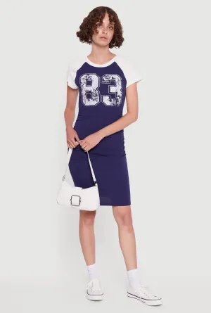 Dinner Date 83 Graphic Raglan Sleeve Ruched Side T-Shirt Dress
