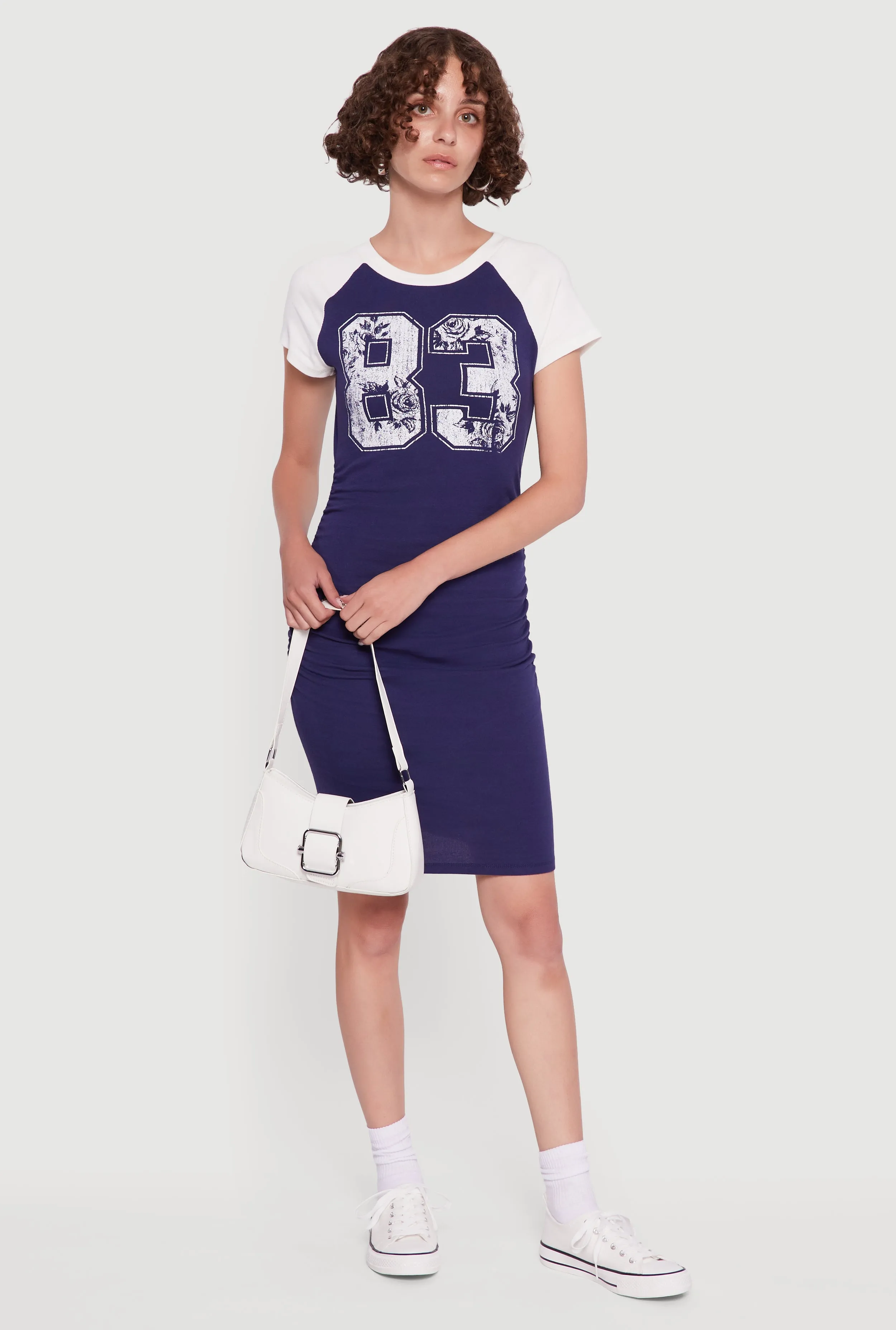 Dinner Date 83 Graphic Raglan Sleeve Ruched Side T-Shirt Dress