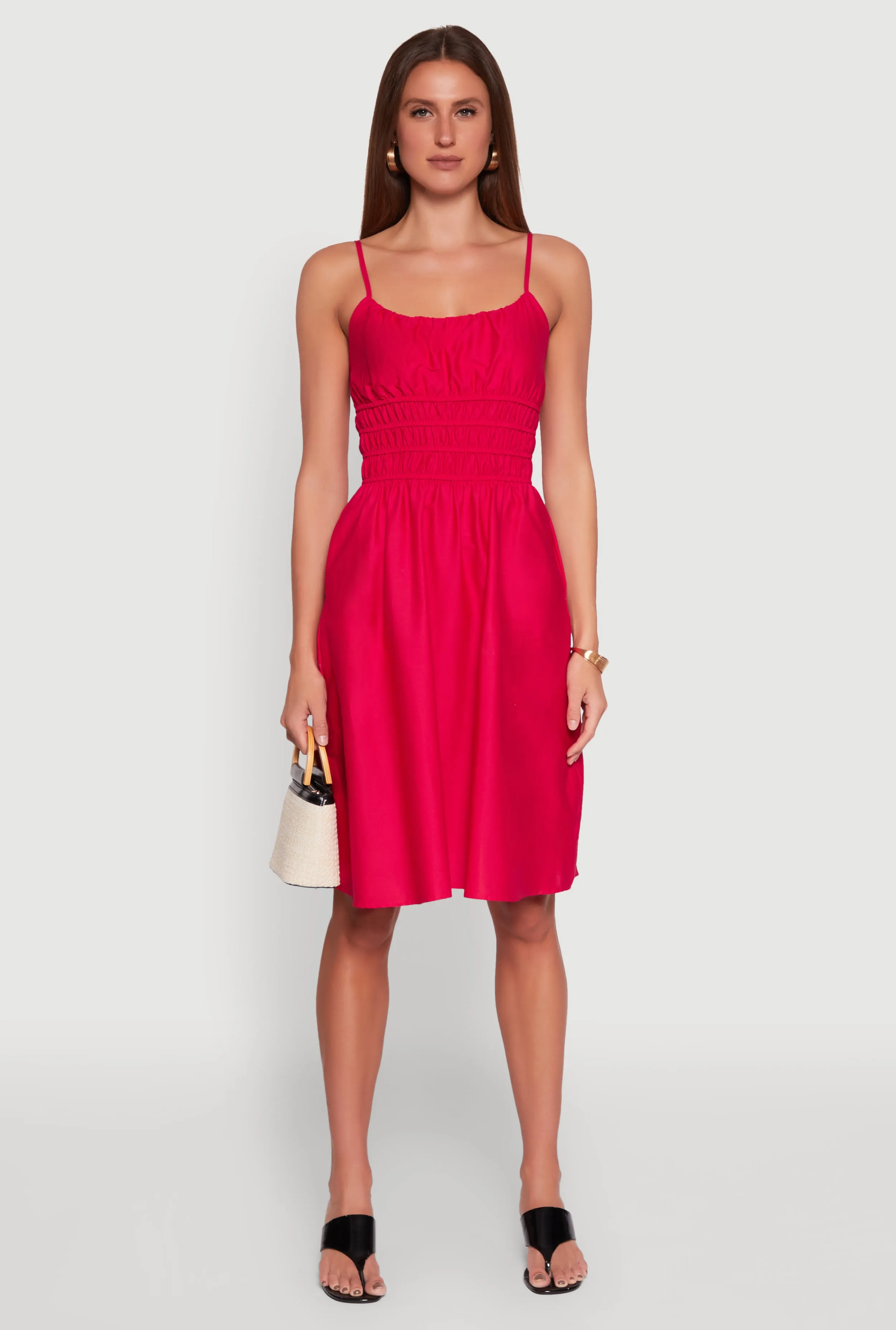 Smocked Waist Poplin Midi Dress Relaxed-fit mid-length dress
