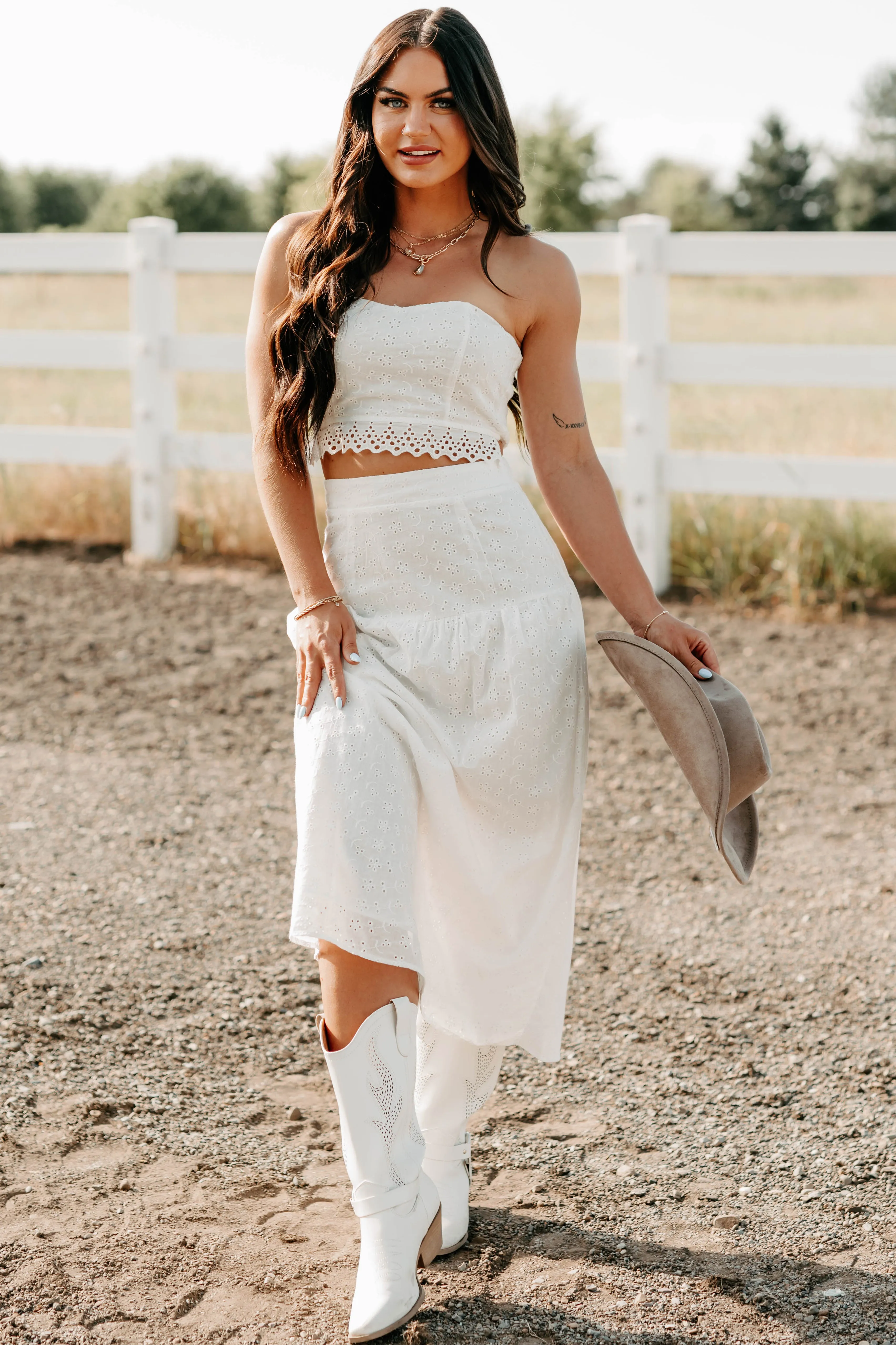 Crush Culture Crop Top Eyelet Skirt Set (White) Influencer Style