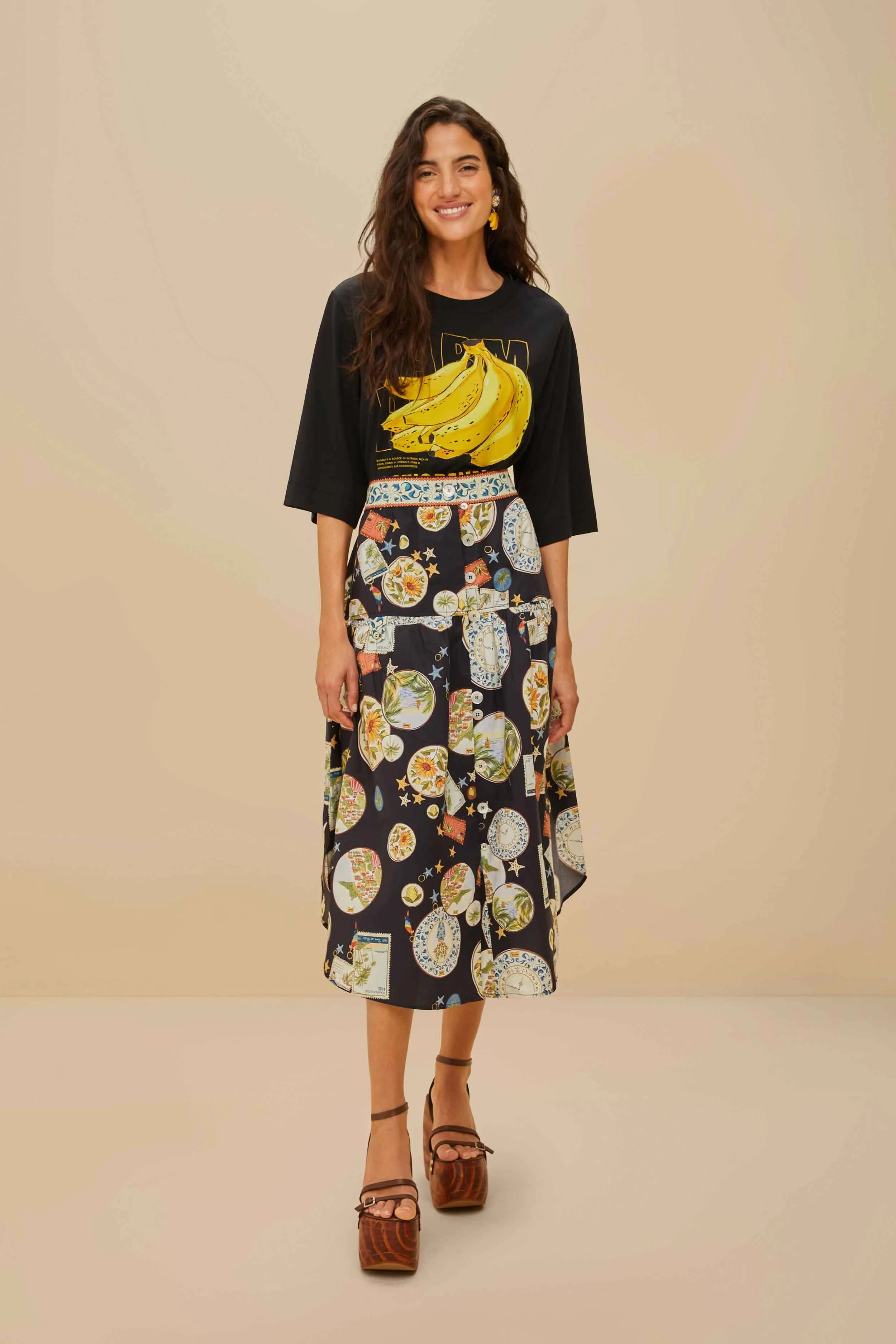 StretchComfort Boho Free Black Tropical Bananas Organic Cotton T-Shirt