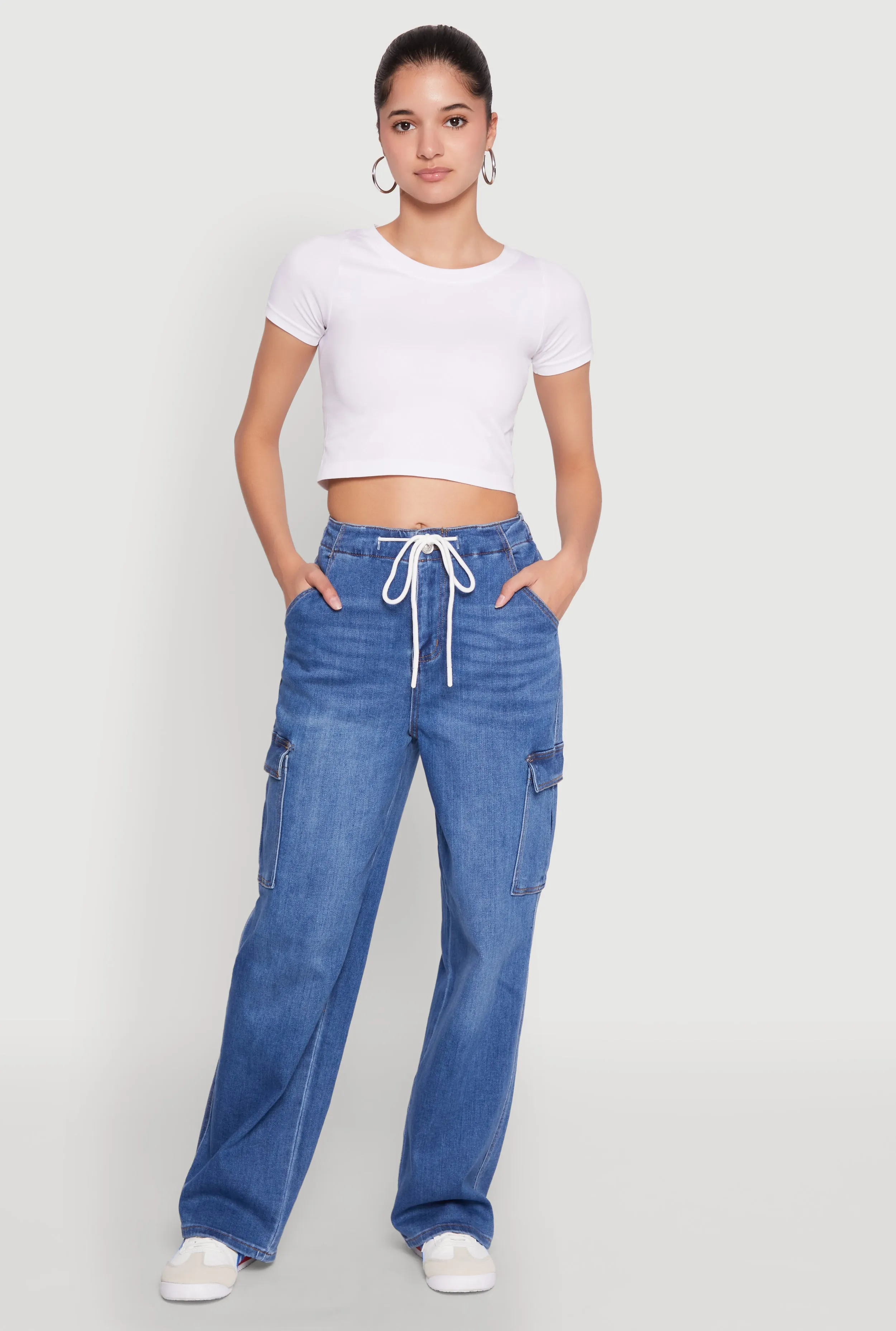 Double Layered Knees Staple Piece WAX High Waisted Cargo Jeans