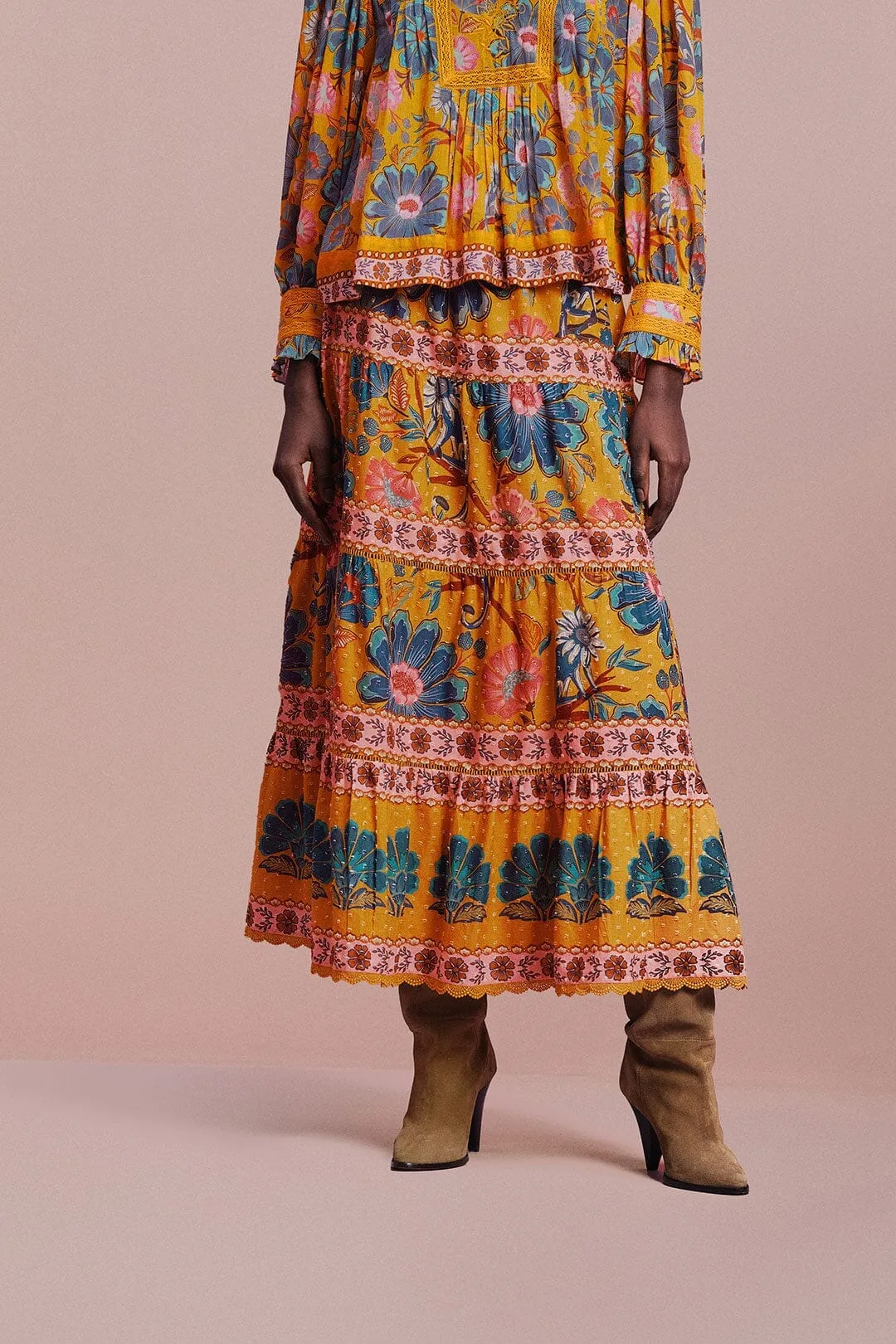 Yellow Mica Maxi Skirt Flexible Waistband