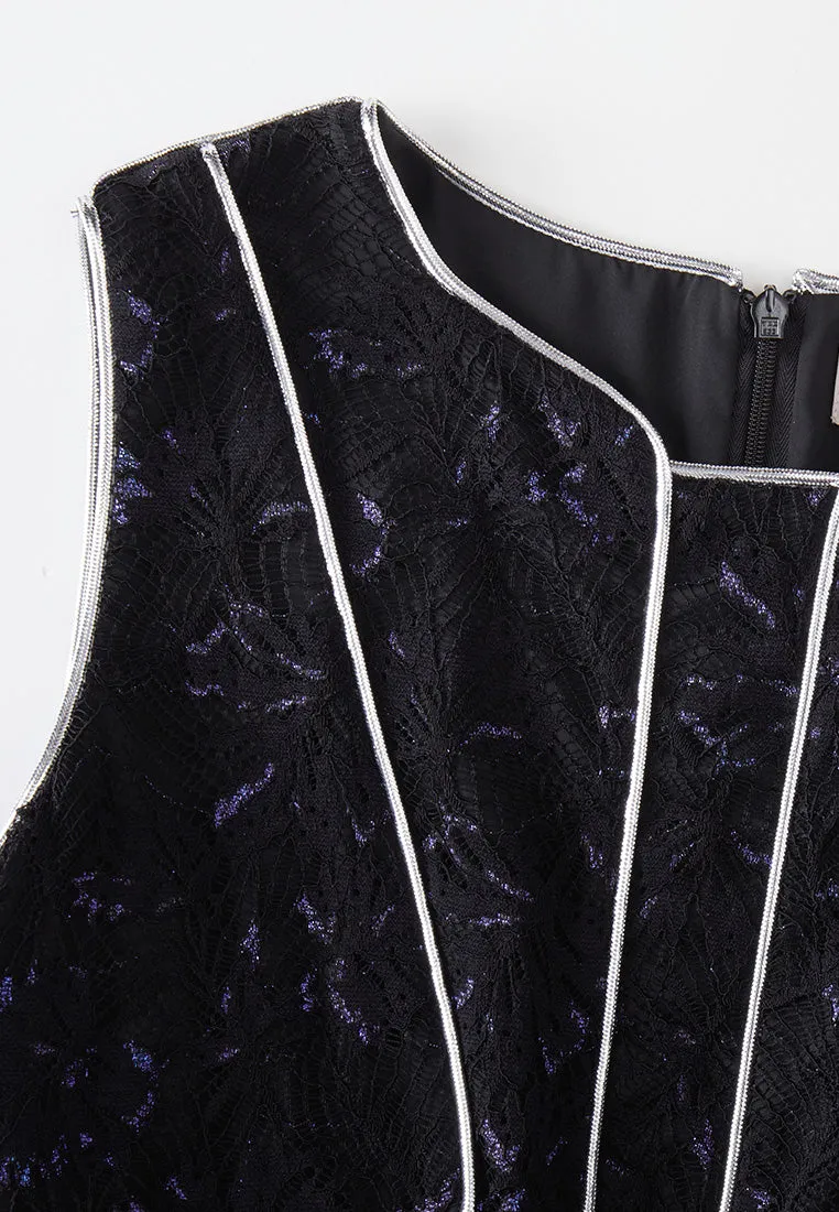 Silver-Trim Sleeveless Lurex Lace Dress Cool Glow