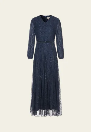 FastDrying Inner Layer Diamond Pattern Embellished Lace-detail Belted Dress