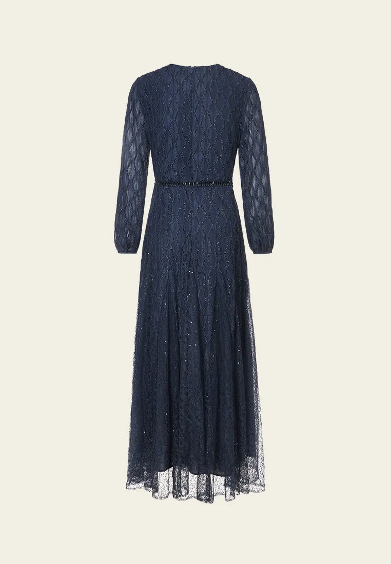 Wonder Fit CompactPackability Diamond Pattern Embellished Lace-detail Belted Dress