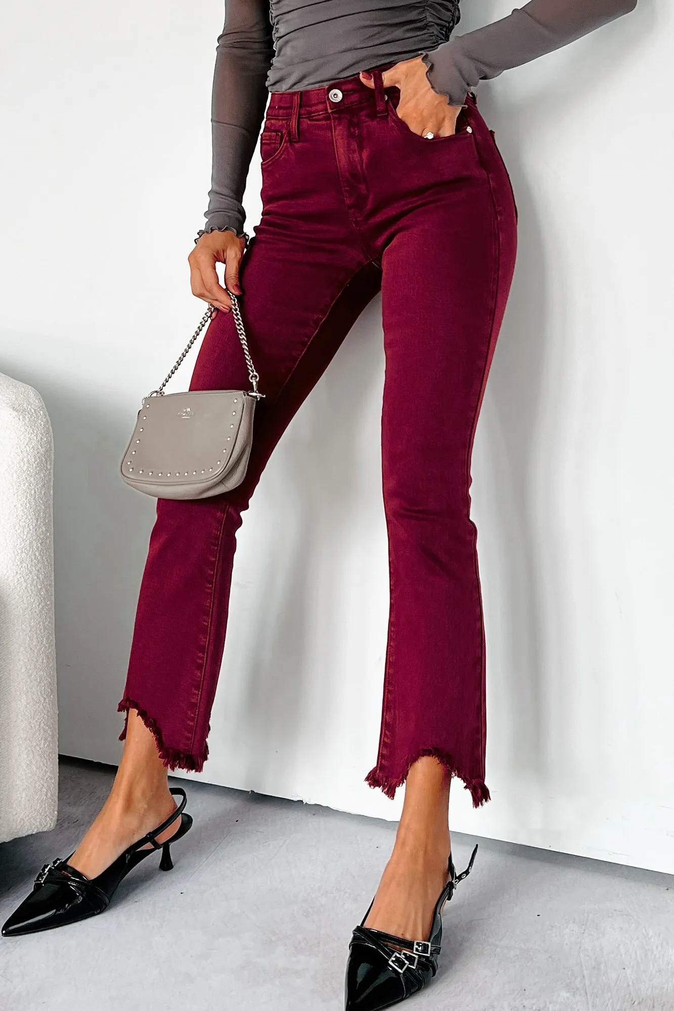 Tulsa Mid Rise Tummy Control Special A Kick Flare Jeans (Wine) Quick Release Fastener HighElasticity