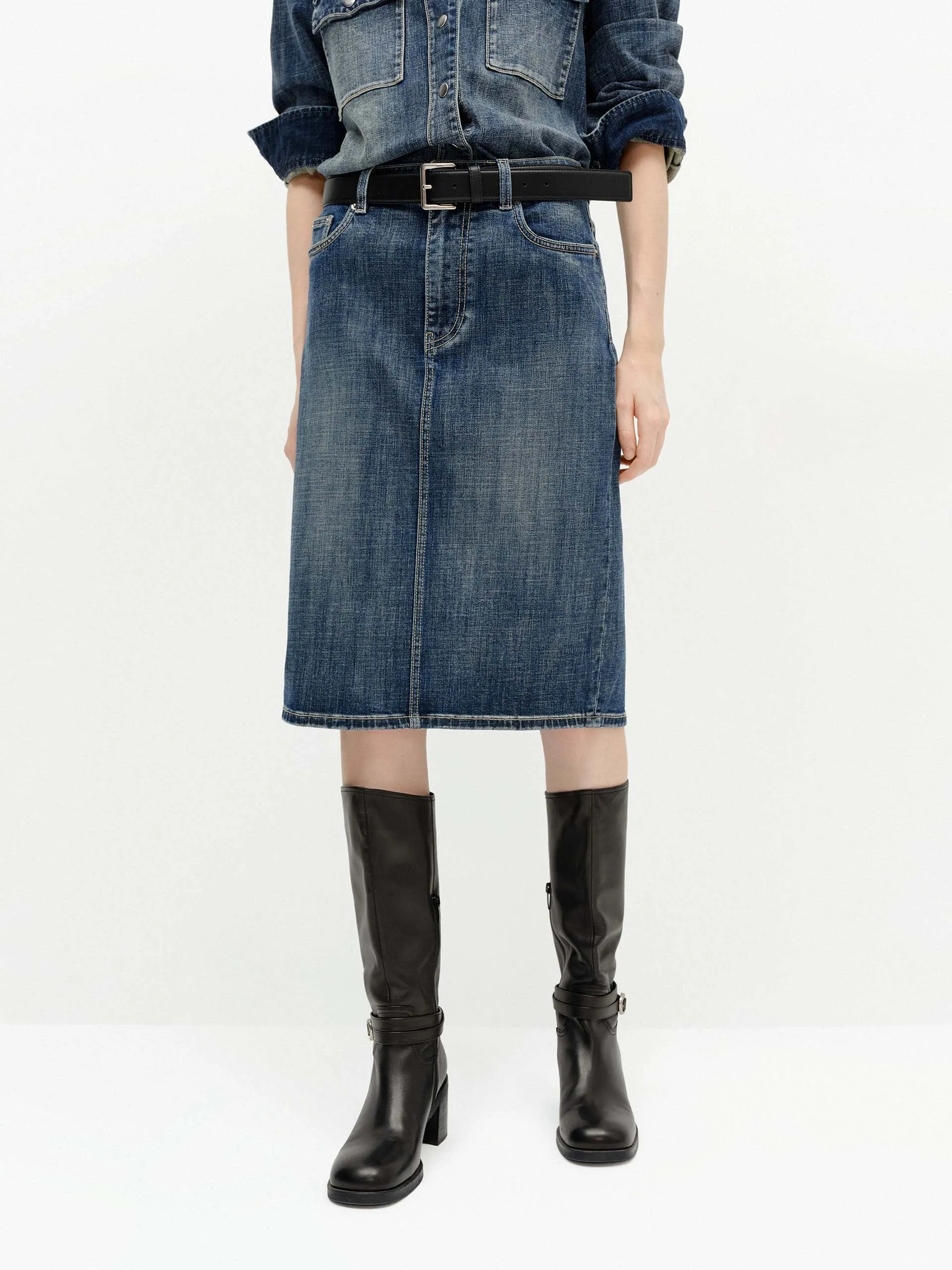 Back Slit Straight Denim Skirt Wool blend