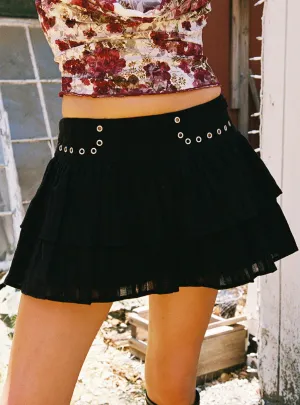 Soft Touch Street Vibe Fire Sign Studded Tiered Mini Skirt Black
