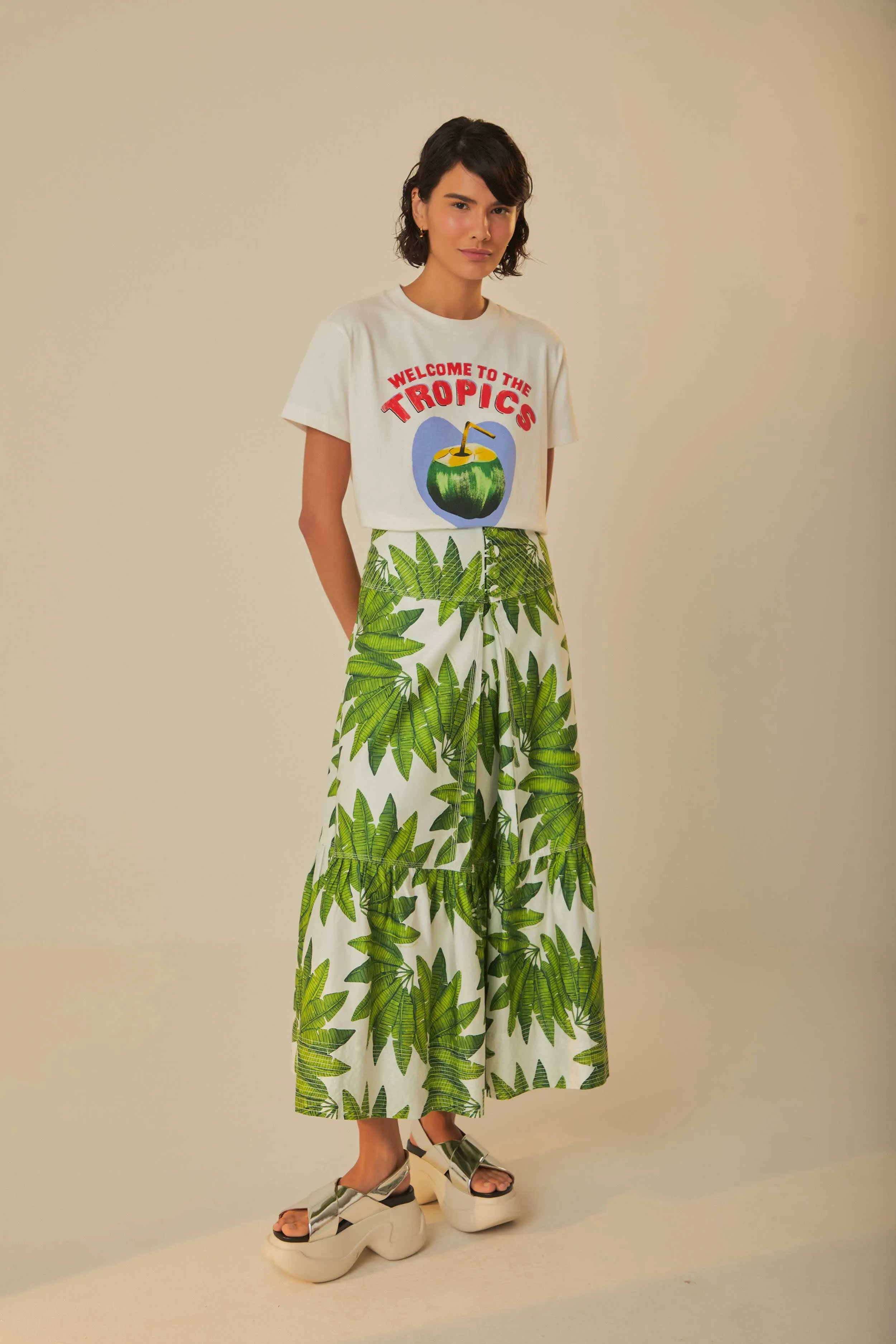 Refined Mood Luxury Trim Off-White Palm Fan Organic Cotton Maxi Skirt