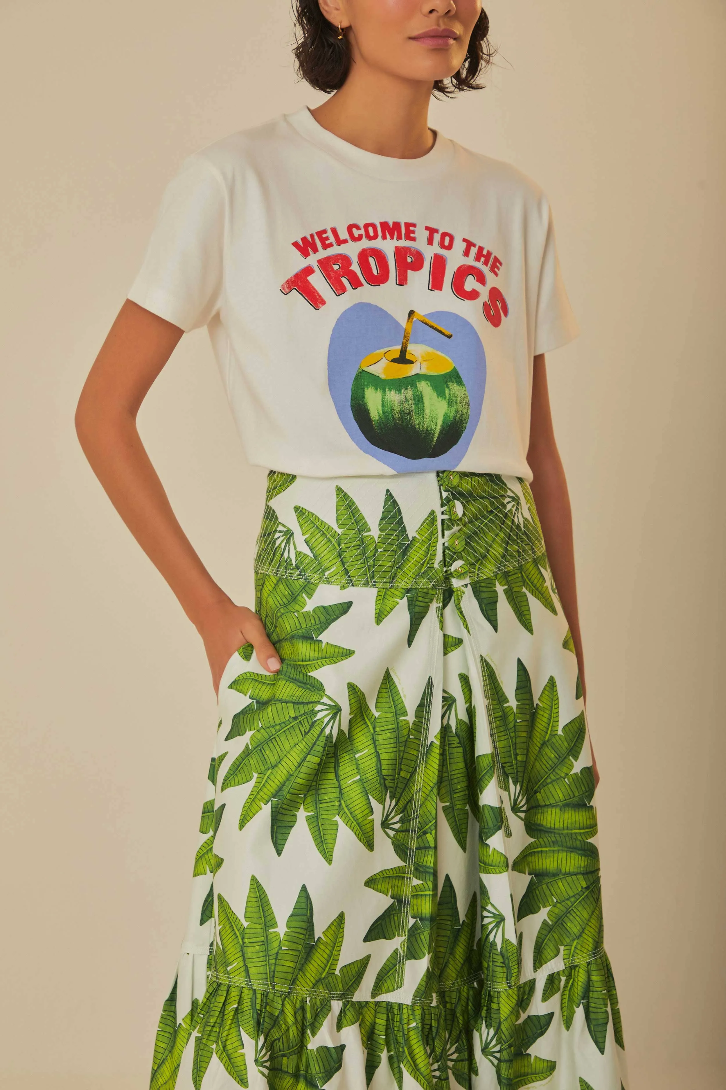 Off-White Palm Fan Organic Cotton Maxi Skirt Travel Friendly