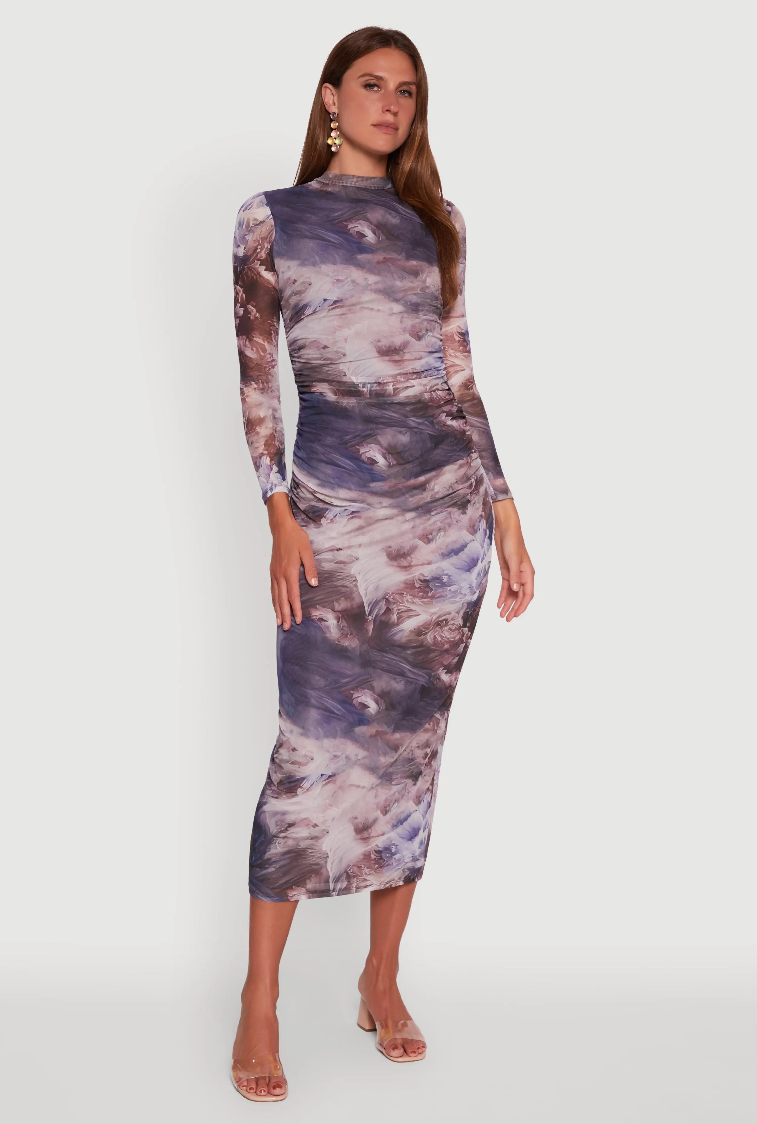 Printed Patterned Long Sleeve Side Ruched Mesh Midi Dress Rainbow Arc