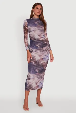 Printed Patterned Long Sleeve Side Ruched Mesh Midi Dress Rainbow Arc