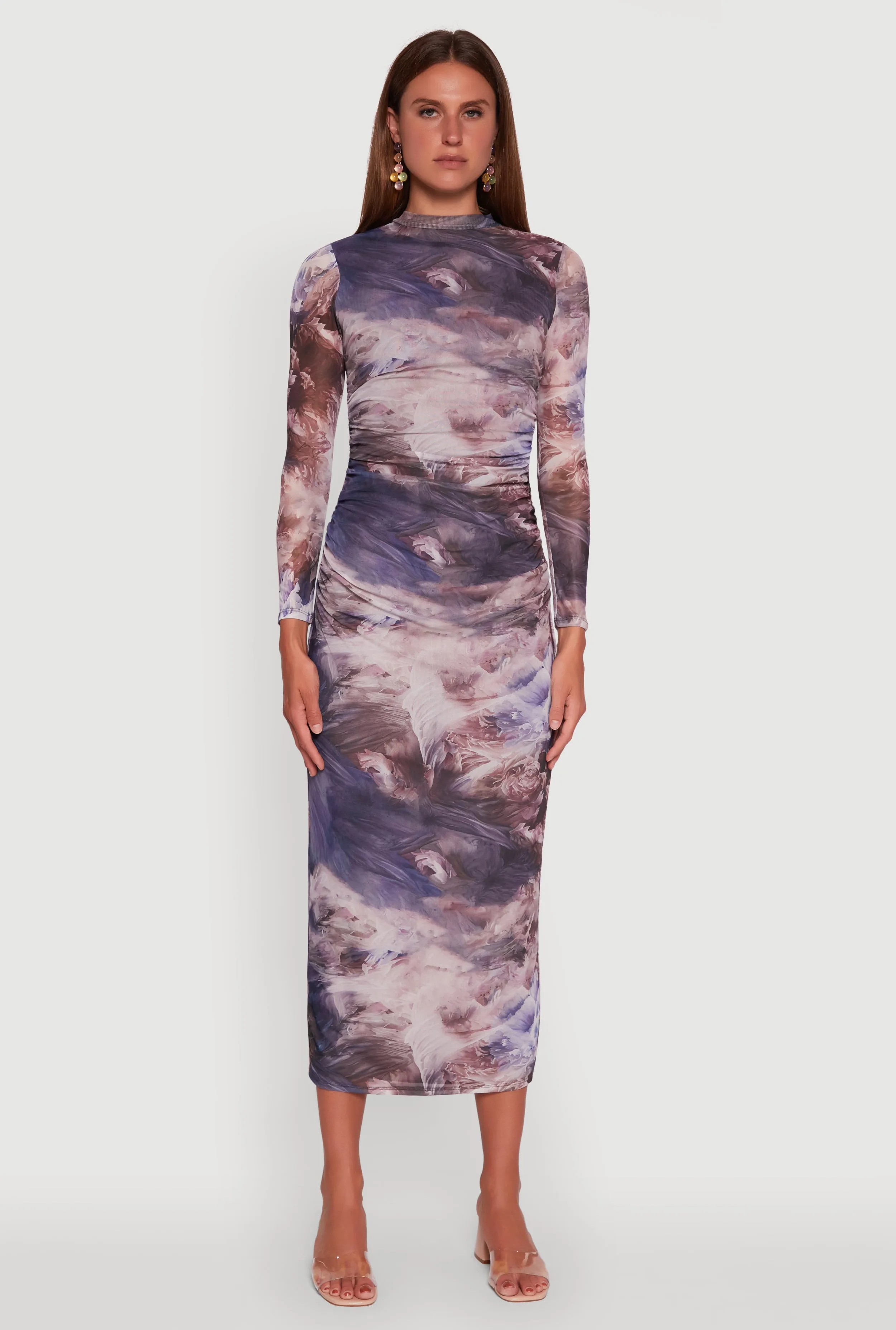Flattering fit for all body types Silver Light Printed Patterned Long Sleeve Side Ruched Mesh Midi Dress