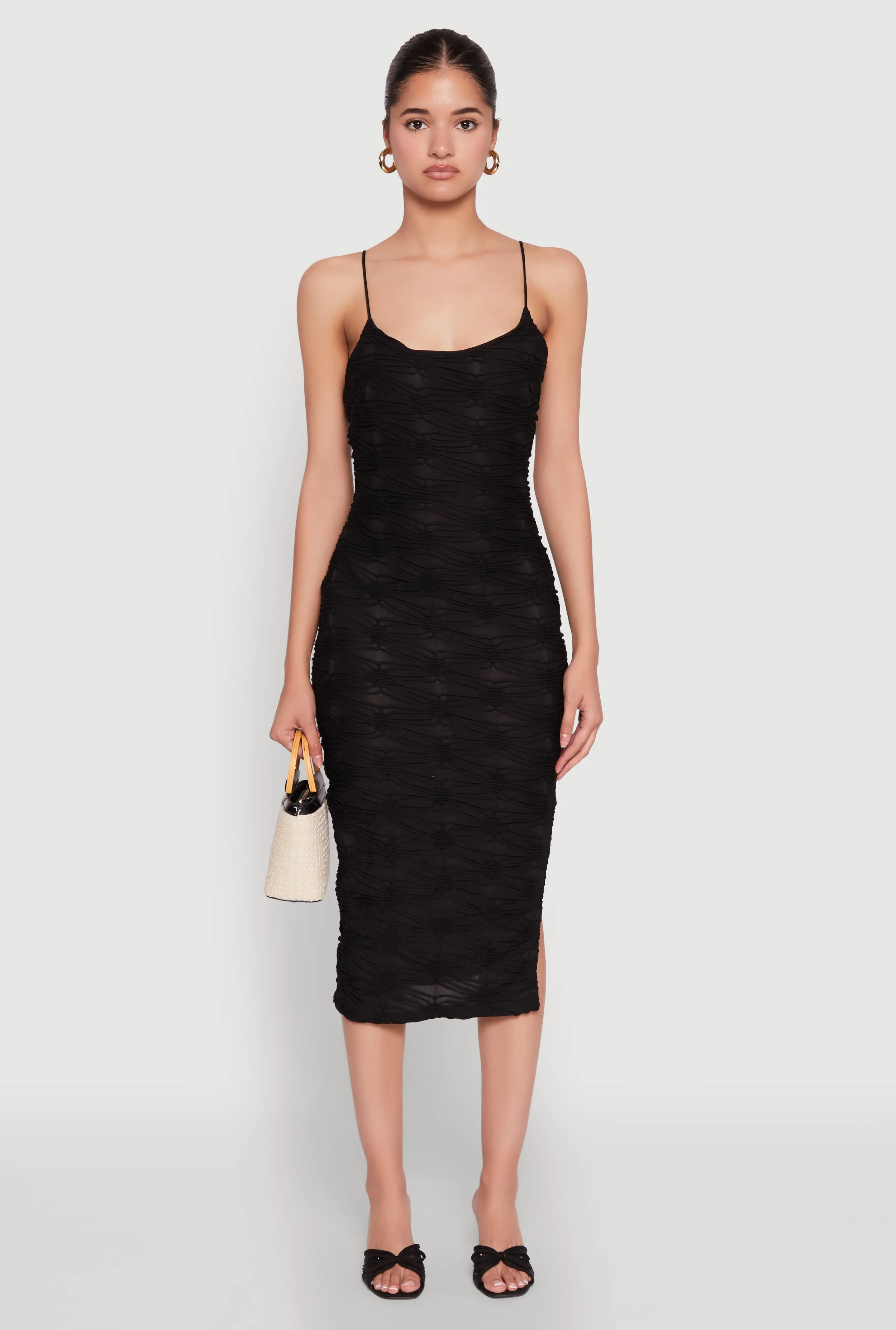 Textured Knit Side Slit Midi Dress Pearl Soft
