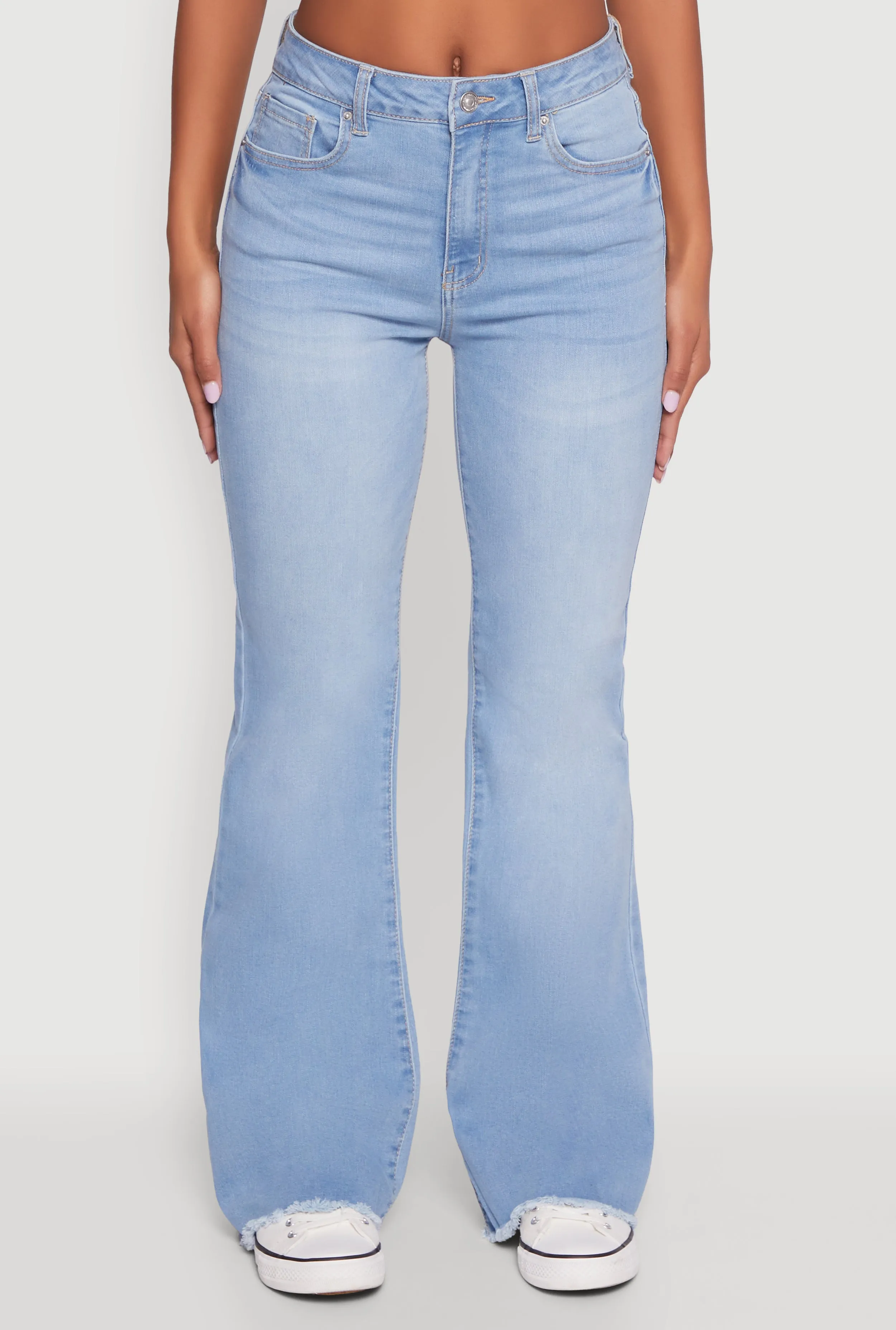WAX Whiskered Mid Rise Frayed Hem Flare Jeans Favorite Basic Festival Outfit Professional Wear