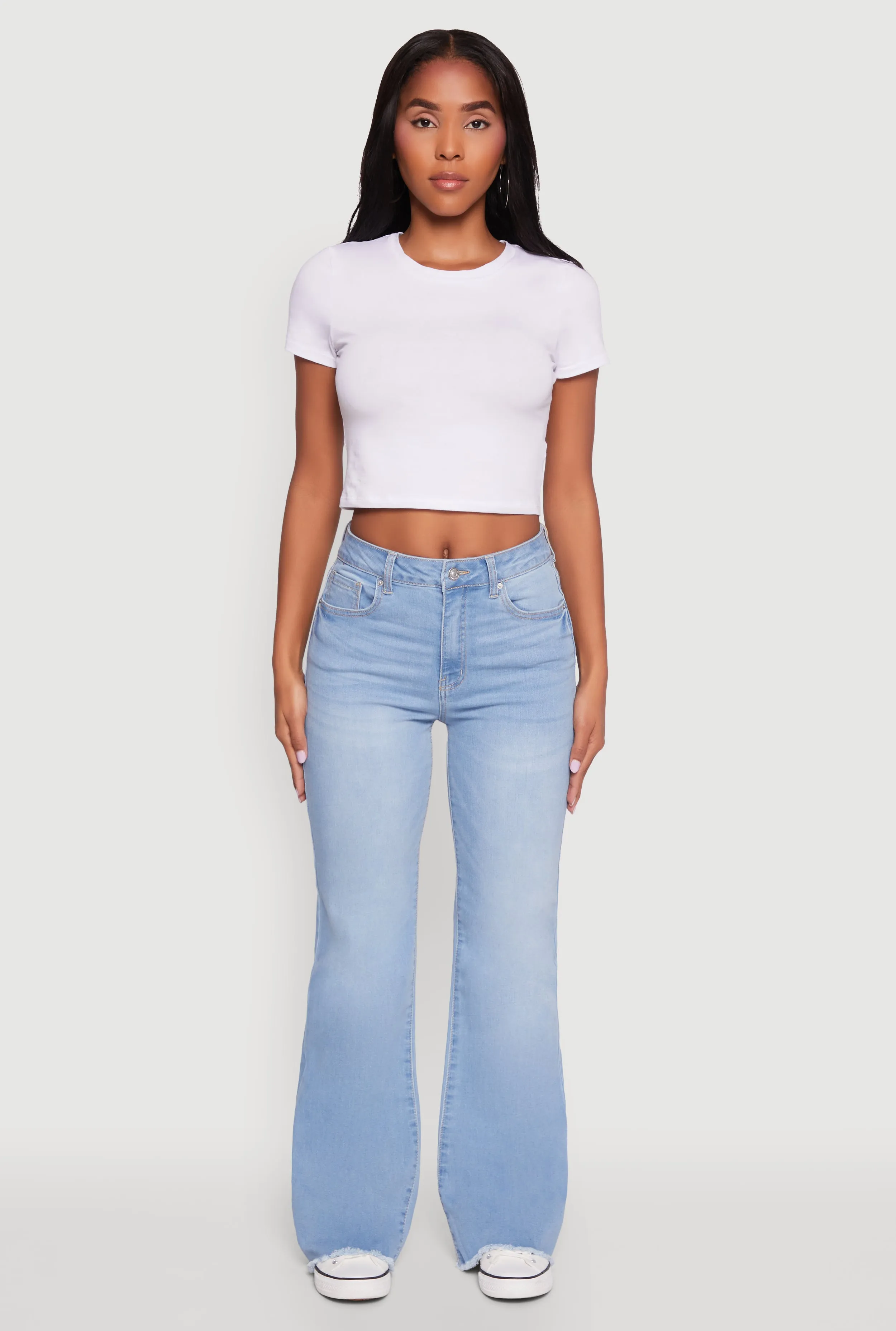 clean look WAX Whiskered Mid Rise Frayed Hem Flare Jeans