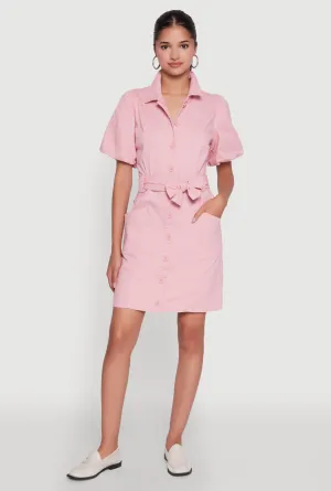 Perfect outdoor event dress Lasting Joy Chic Twill Puff Sleeve Shirt Dress with Tie Waist Belt