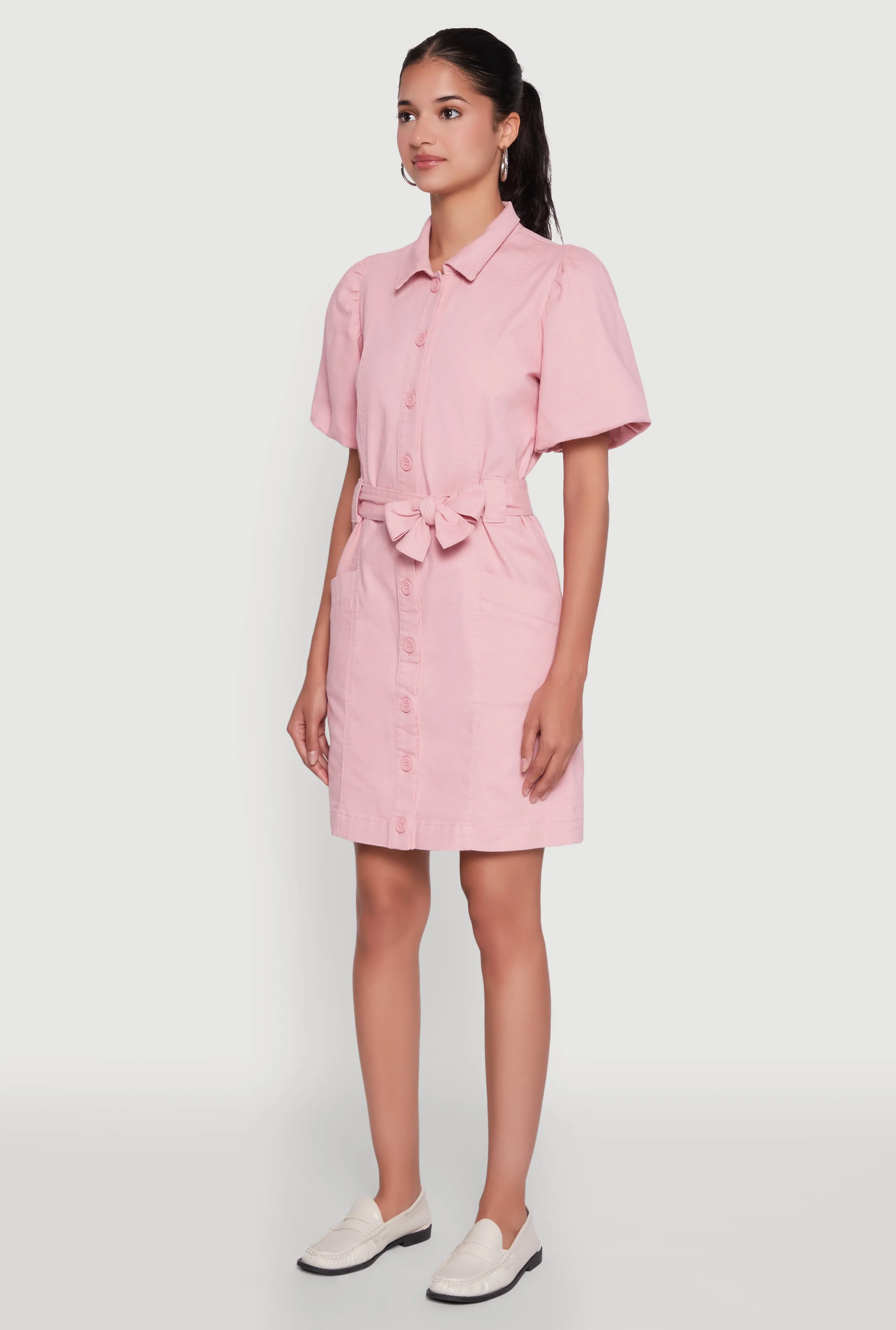 Gala Ready Shadow Play Chic Twill Puff Sleeve Shirt Dress with Tie Waist Belt