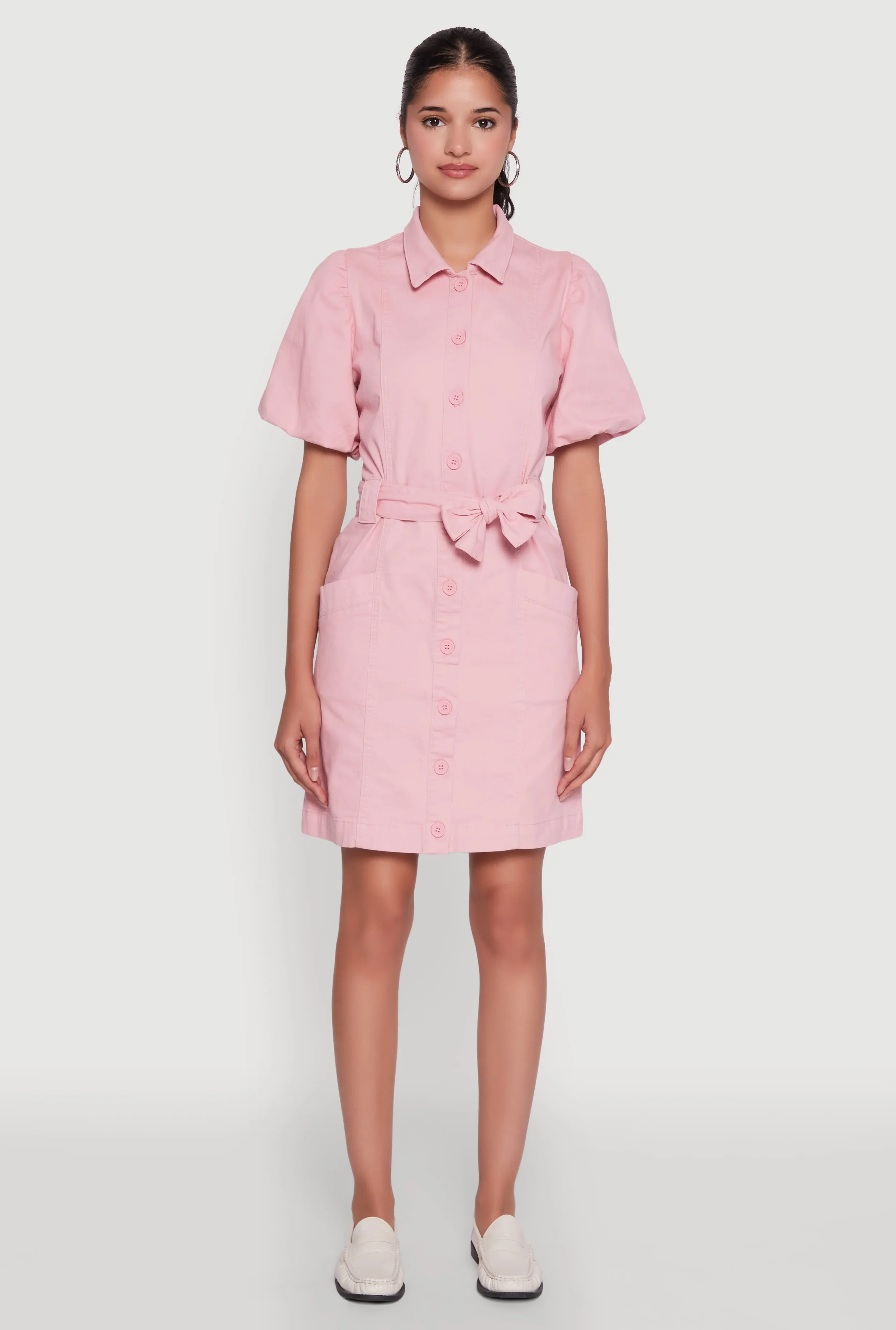 Chic Twill Puff Sleeve Shirt Dress with Tie Waist Belt Stage Grace Moon View