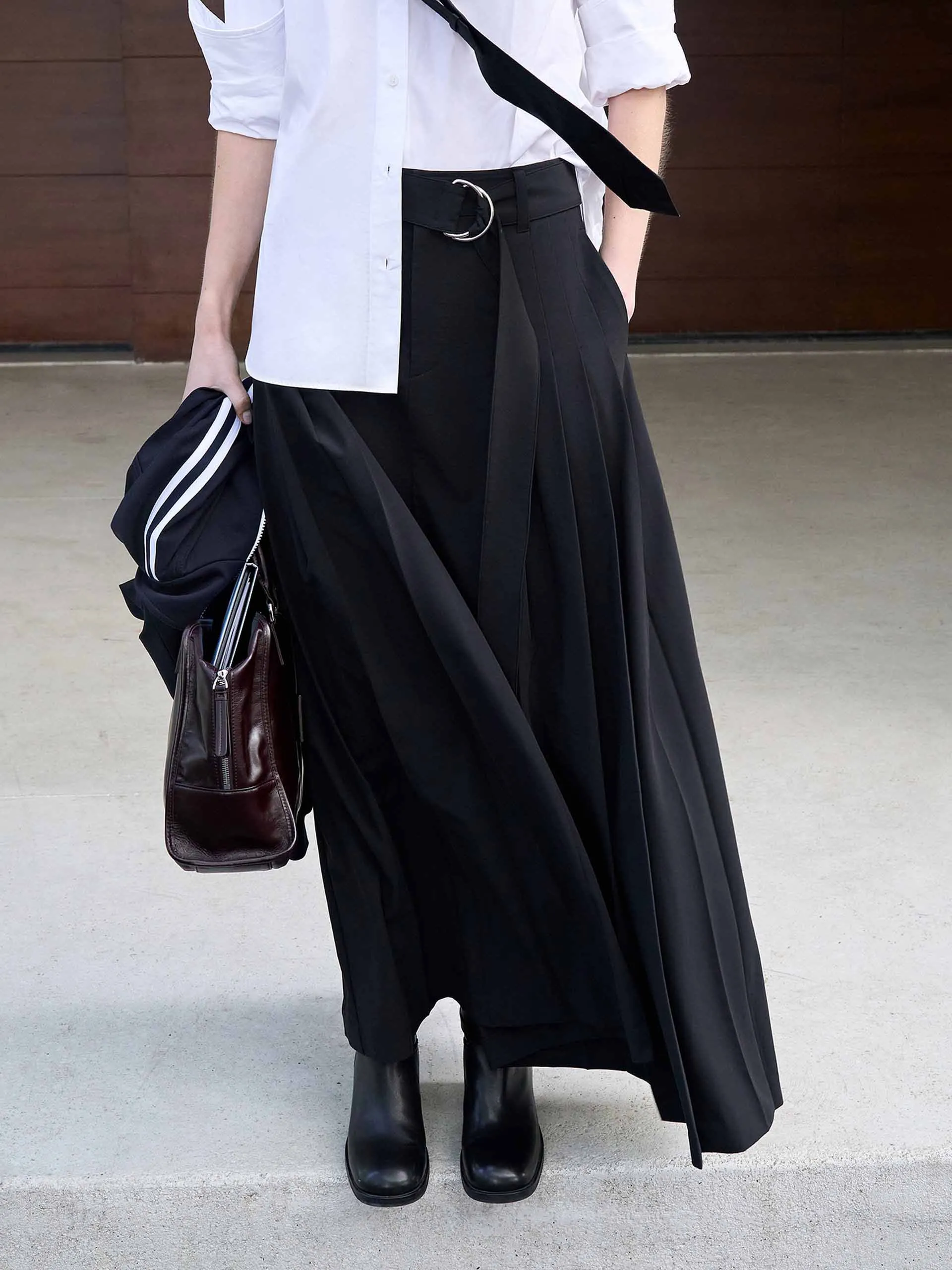 Belted A-line Pleated Skirt Two Tone Trim
